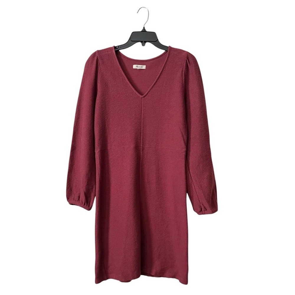 Madewell Knit Dress Size S Burgundy Texture Thread Ribbed Puff Long Sleeve Flare
